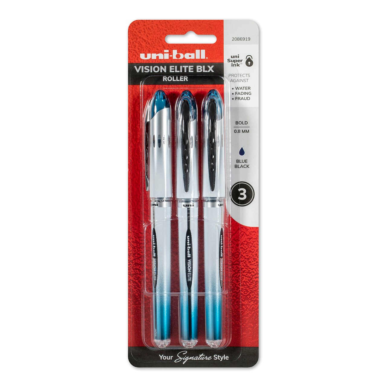 uni-ball Vision Elite BLX Rollerball Pen, .8mm, Blue/Black, 3/Pkg.